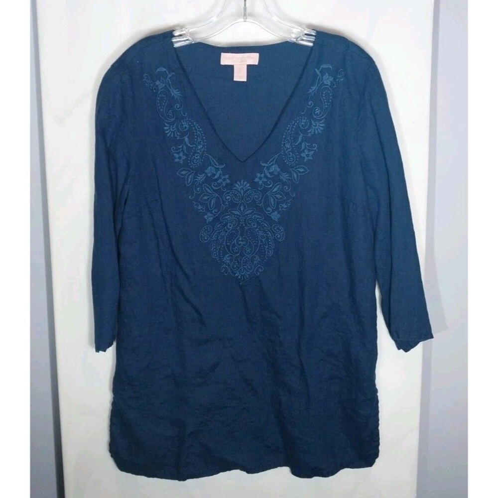 Saint Tropez West 100% Linen Boho Tunic Top M Blue Embroidered Coastal Resort
